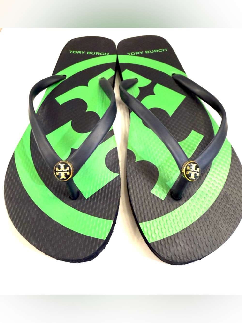 Brand New!Tory Burch Navy Blue & Green Logo Flip Flops-Size 8